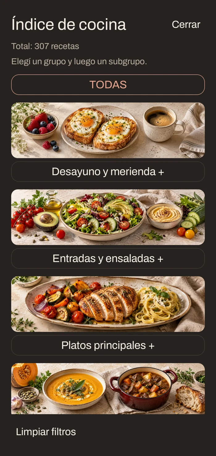 Captura real del índice de un recetario personal en Foodie, organizada por tipos de comida