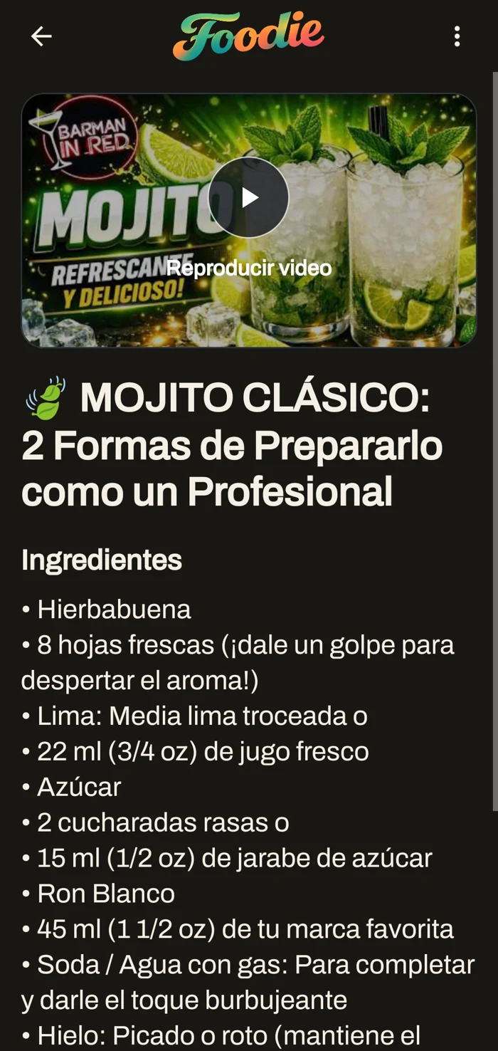 Captura actual de Foodie: mojito con su video original e ingredientes