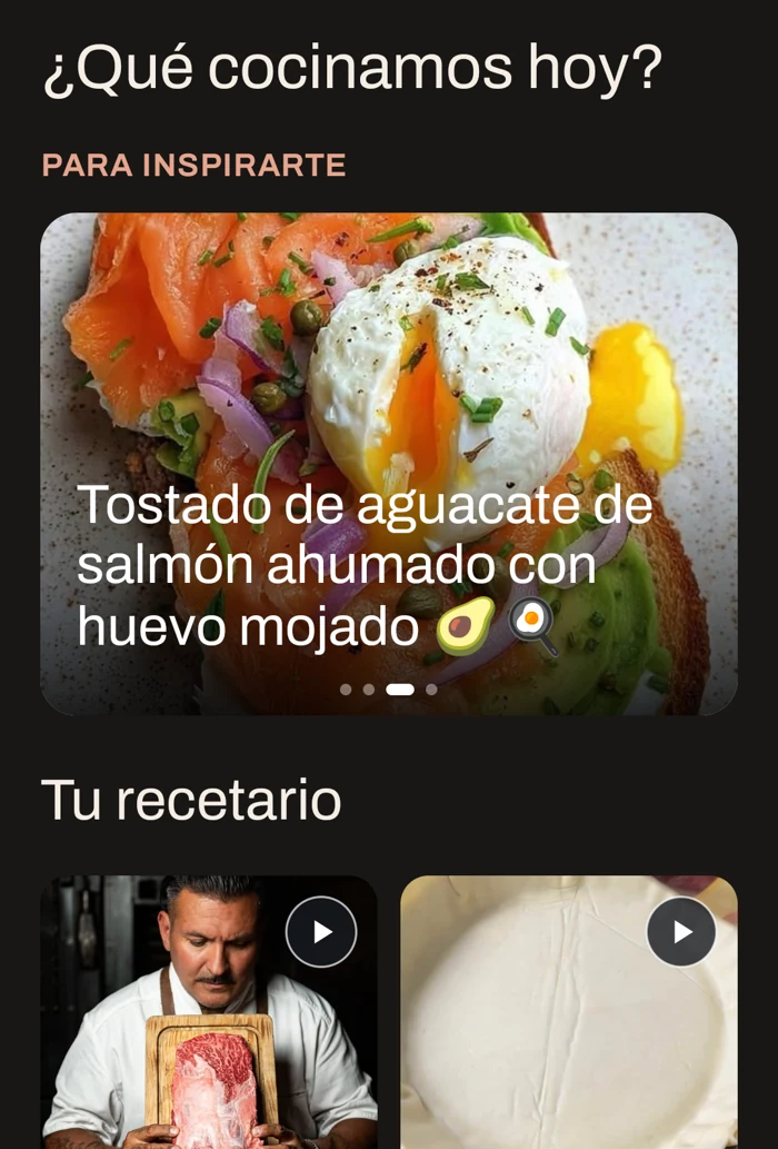 Recorte real del inicio actual de Foodie: inspiración y recetas de un recetario personal